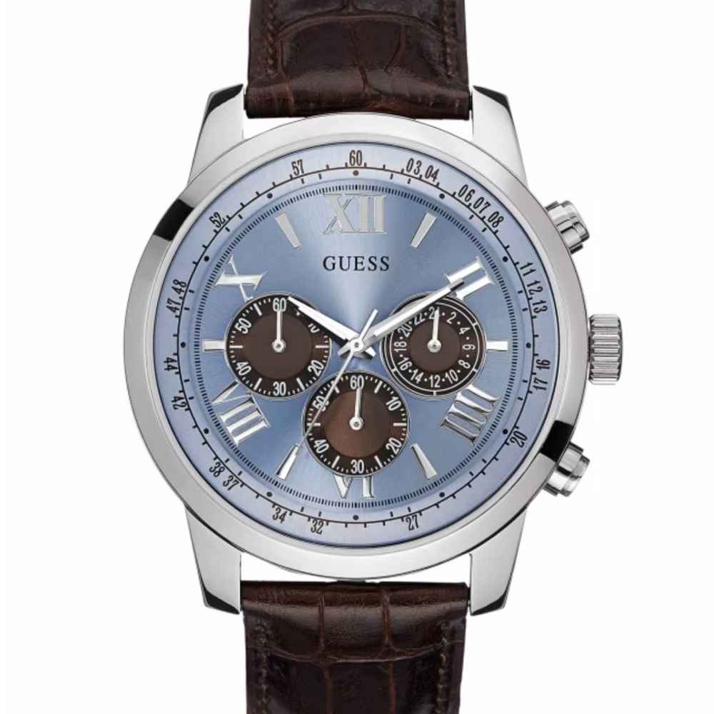 Guess Silver and Brown Leather Chronograph Watch